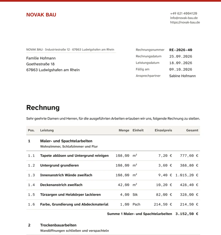 Erste Seite einer Rechnung in der PDF-Vorschau: Absender, Empfänger, Rechnungsnummer, Rechnungsdatum, Leistungsdatum, Fälligkeit und die Positionstabelle mit den Summen
