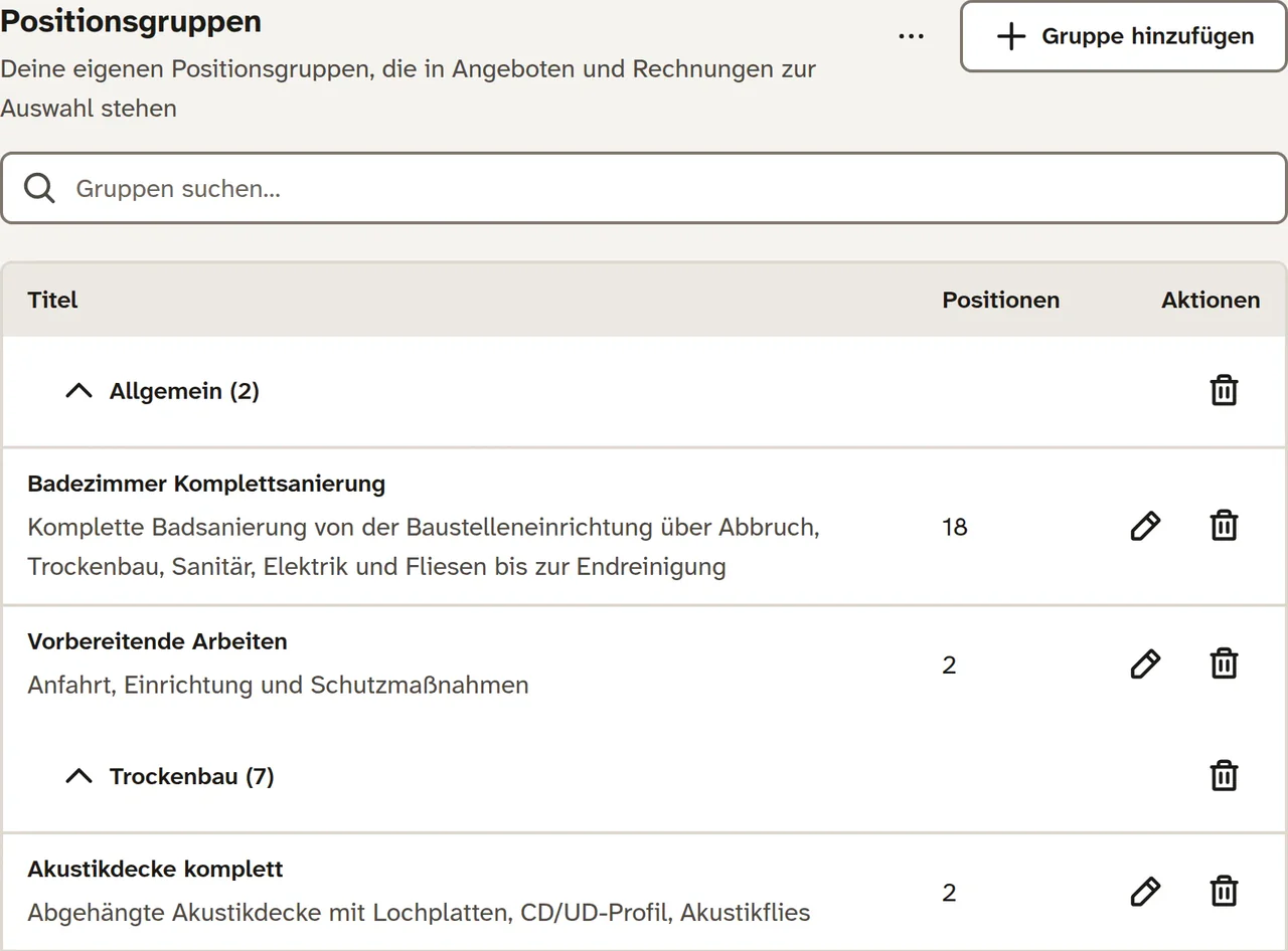 Katalog in Meyster: Positionsgruppen wie Badezimmer Komplettsanierung und Akustikdecke komplett mit der Zahl ihrer Positionen