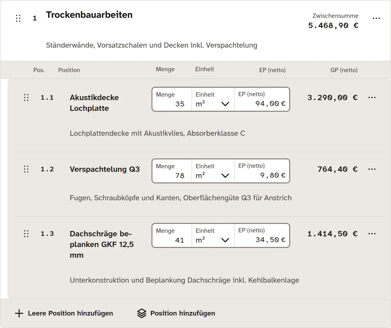 Angebotseditor in Meyster: die Positionsgruppe Trockenbauarbeiten mit Menge, Einheit, Einzelpreis, Gesamtpreis und Zwischensumme