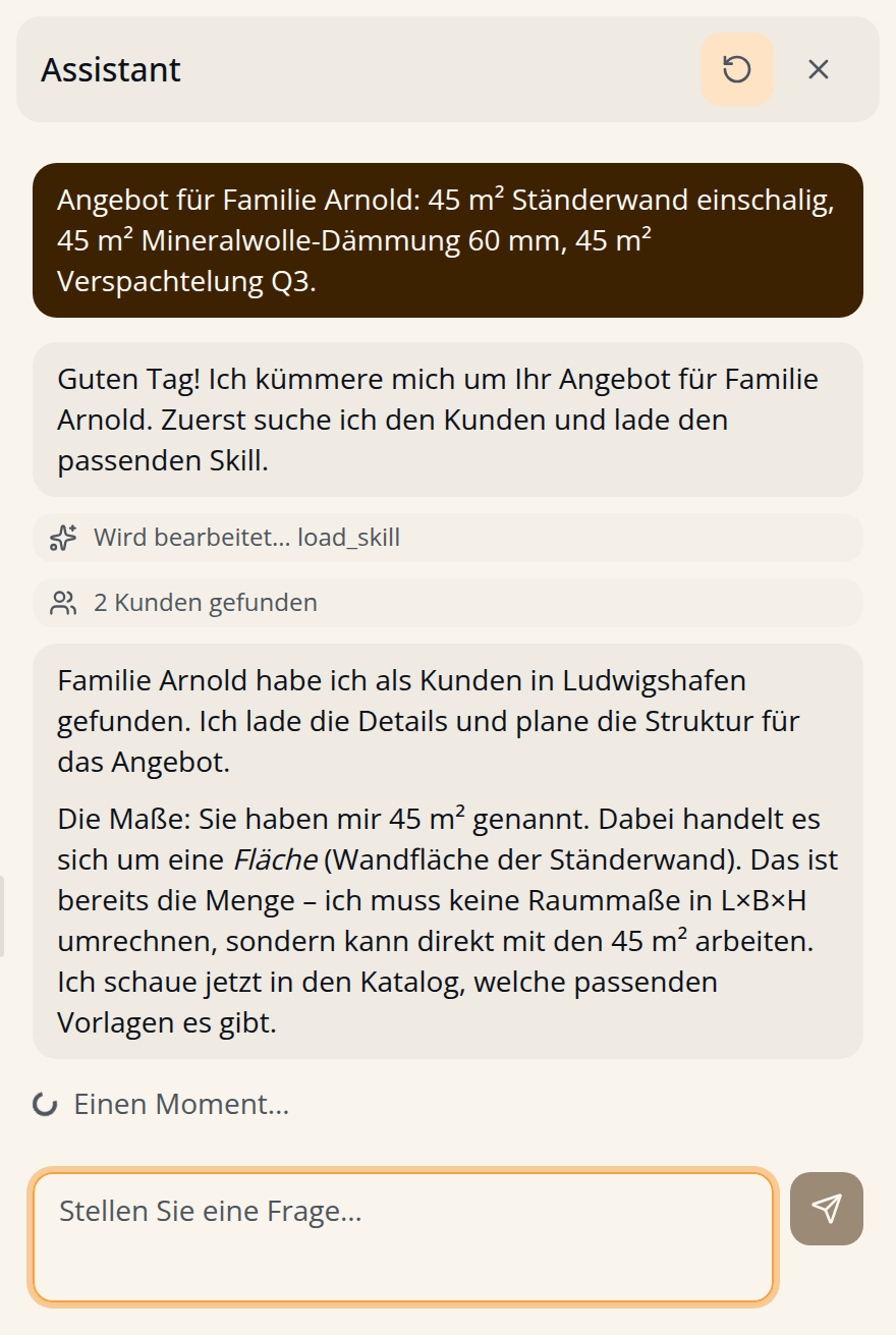 Meyster KI-Assistent: Chat-Verlauf mit den einzelnen Arbeitsschritten während der Angebotserstellung