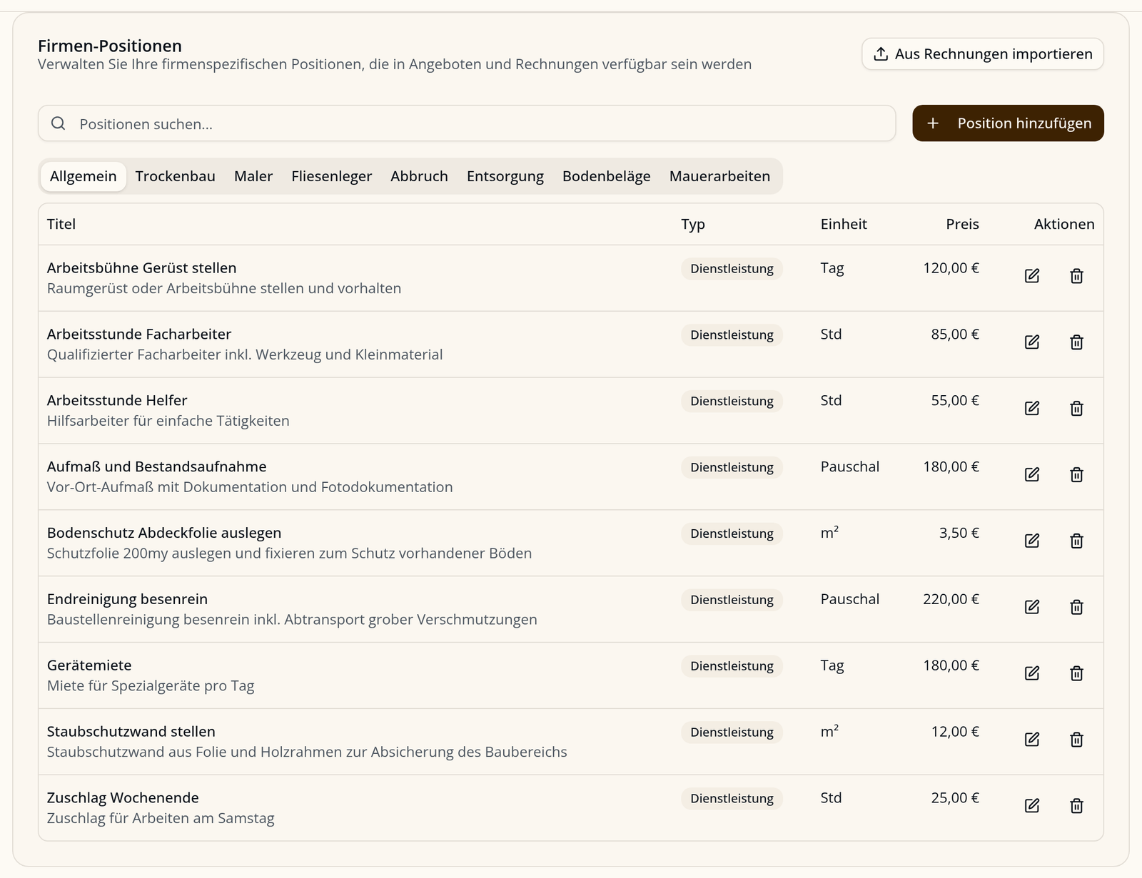 Meyster Firmen-Positionen: Tabelle mit Titel, Typ, Einheit und Preis, gruppiert nach Gewerk