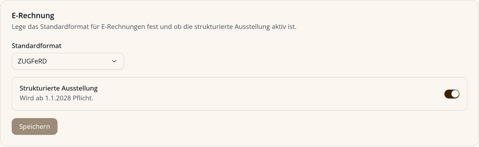 Meyster Einstellung E-Rechnung mit Standardformat ZUGFeRD und strukturierter Ausstellung