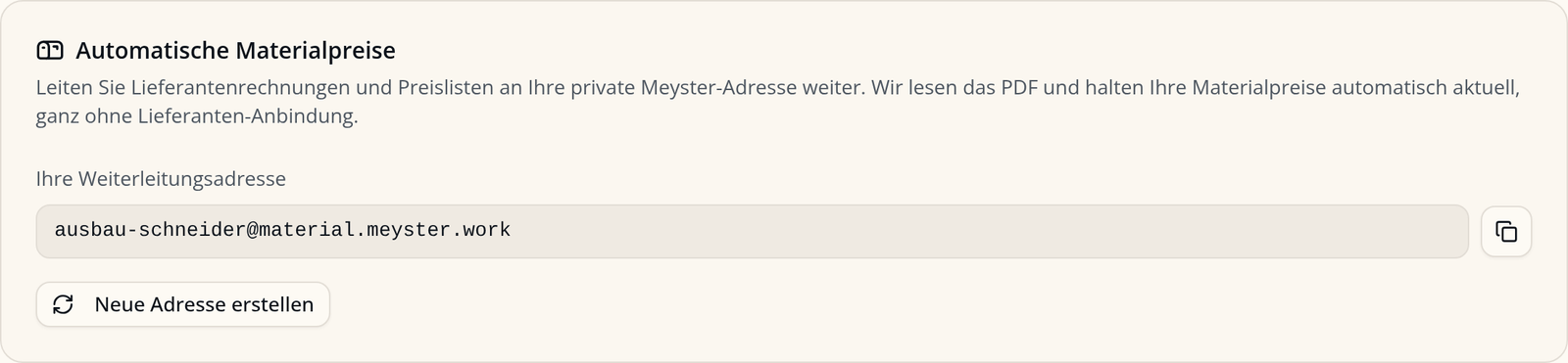 Meyster Einstellung: private Weiterleitungsadresse für automatische Materialpreise