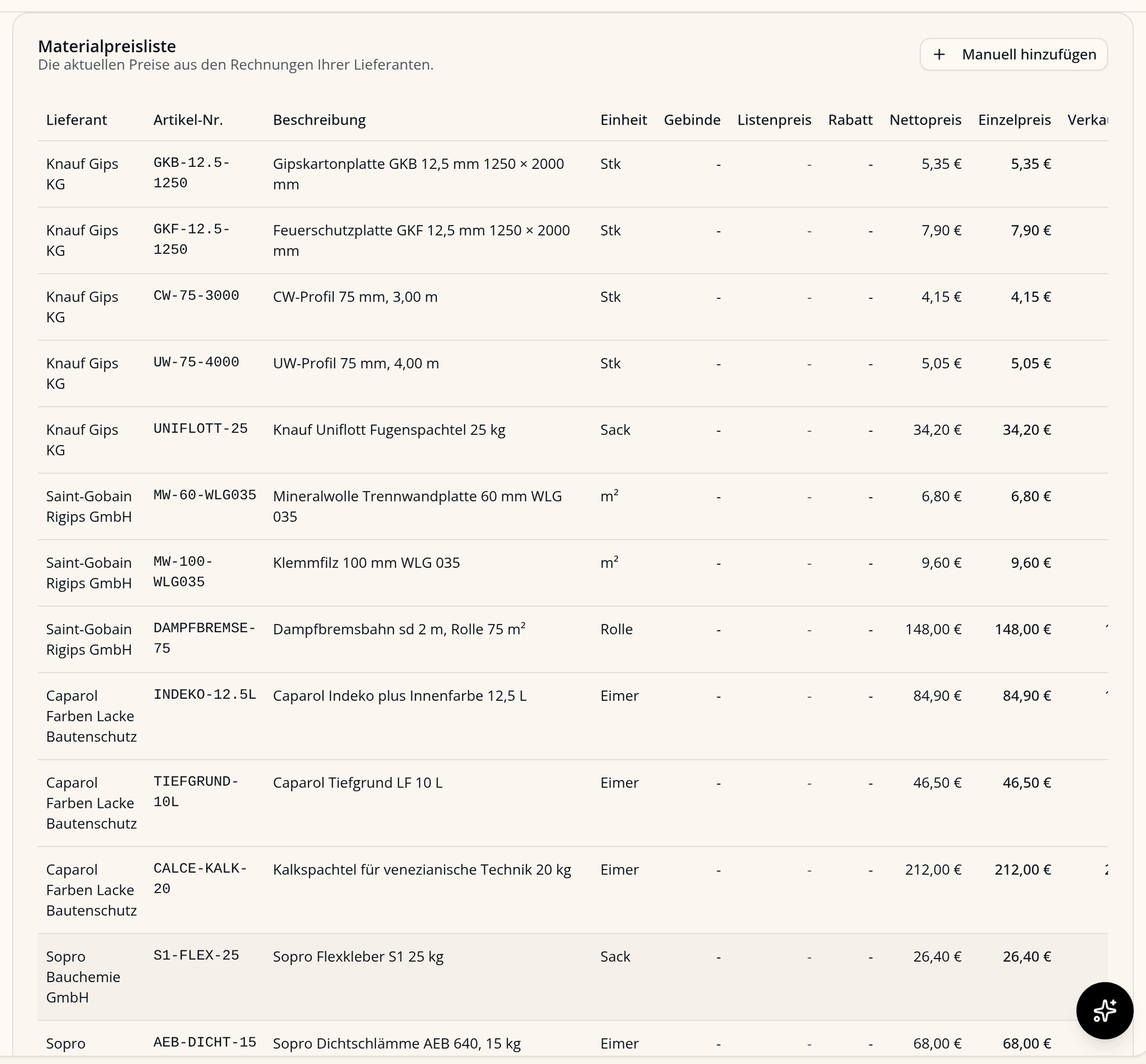 Meyster Materialpreisliste mit Lieferant, Artikelnummer, Einheit und Preisen