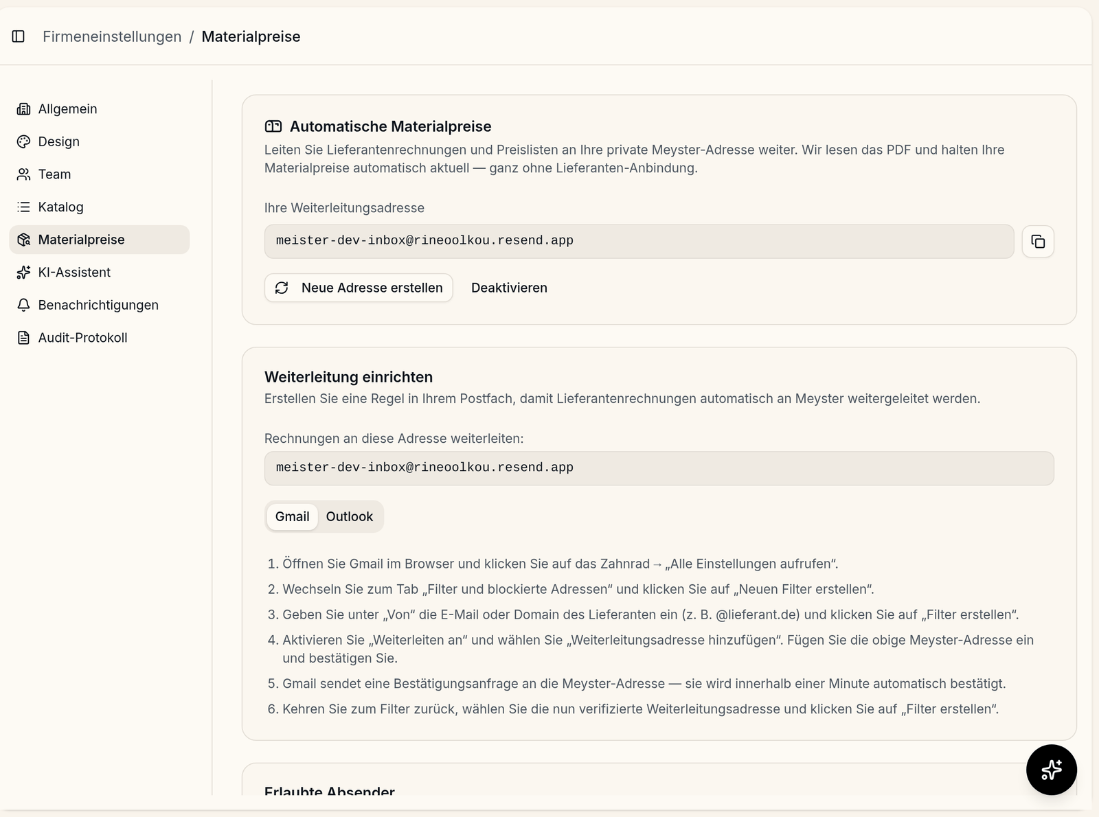 Meyster Materialpreise: Tabelle mit aktuellen Einkaufspreisen pro Lieferant und Preisverlauf