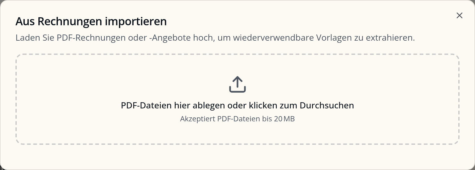 Meyster Dialog: Aus Rechnungen importieren, PDF-Upload zum Extrahieren von Vorlagen